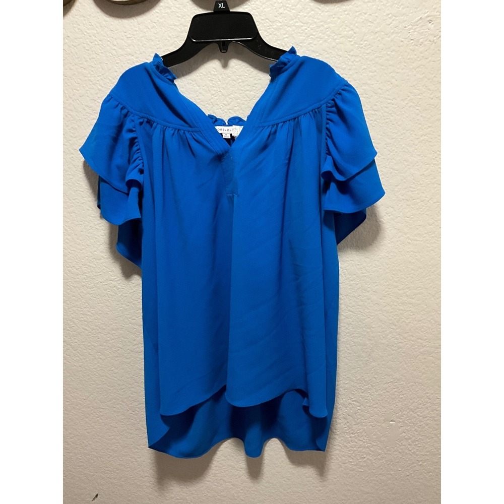 ROSE+OLIVE Royal Blue Ruffle Sleeve V Neck Blouse Top 1X